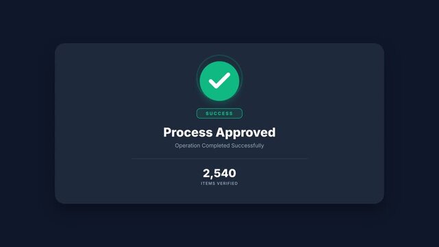 Animated green checkmark button, glowing success confirmation message with verified items count, seamless loop, symbolizing approval, verification, and process completion for technology and business