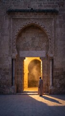 Fototapeta premium Man in traditional djellaba standing at ancient mosque entrance