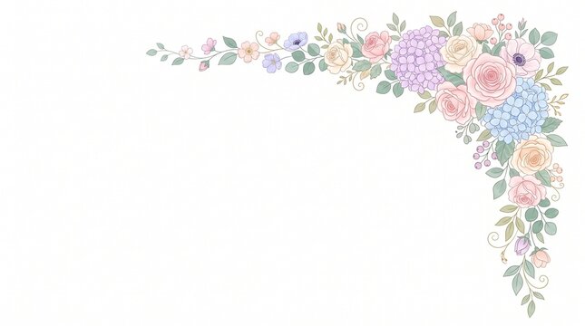 Elegant pastel floral corner border on white background