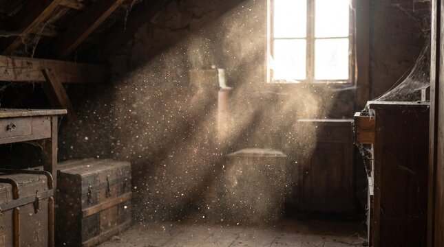 Sunlight streaming into a dusty abandoned attic