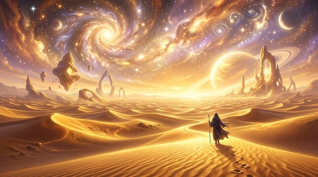 Cosmic desert landscape with futuristic structures and galaxy spiral