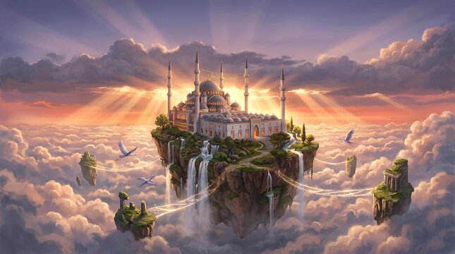 Fantasy floating island with mosque and waterfalls in clouds at sunset