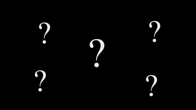 White question mark signs floating in the dark void. Interrogation symbol. Animation of floating question mark symbols video overlay template