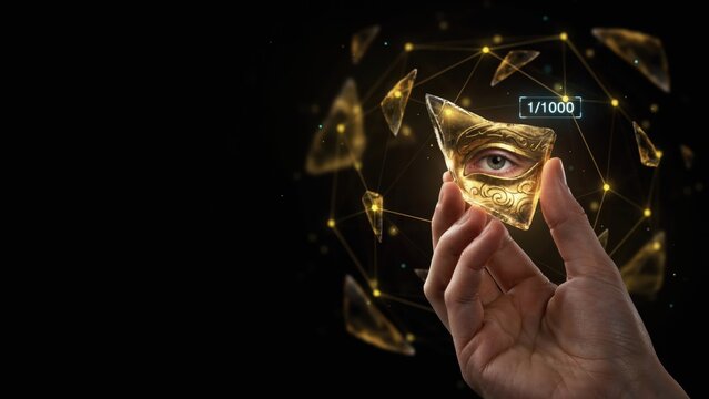 Golden mask eye close-up with holographic probability overlay