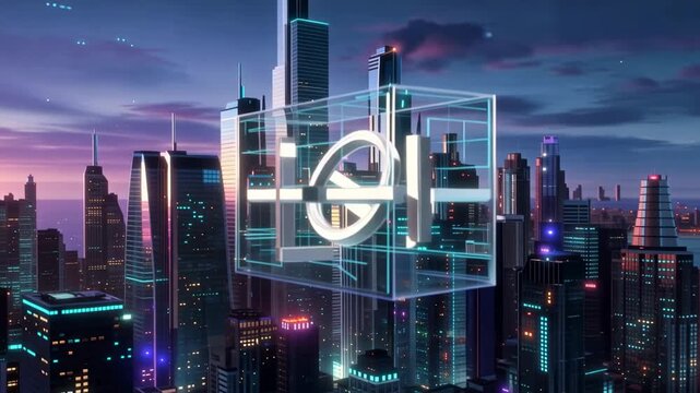 Abstract 3D geometric shapes transition through a transparent box against a futuristic city skyline, showcasing dynamic visual elements and vibrant lighting effects