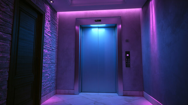 Modern Empty Elevator Entrance Hallway illuminated With Purple And Blue Ambient Lighting
