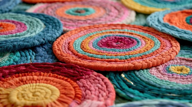 Colorful recycled textile coasters arranged in circular patterns for sustainable home decor.