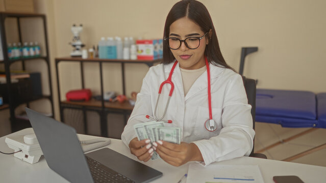 Female doctor counting cash with hands at clinic building desk with laptop and stethoscope visible; ethical dilemma concern.