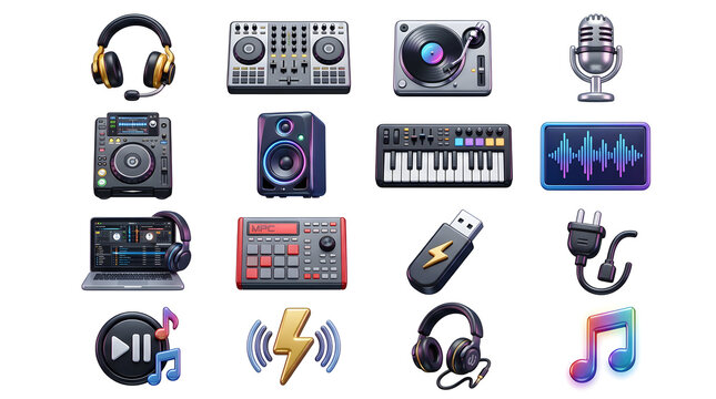 DJ and Music Production Equipment Icons: A collection of modern icons representing various audio equipment and symbols used in music production and DJing.