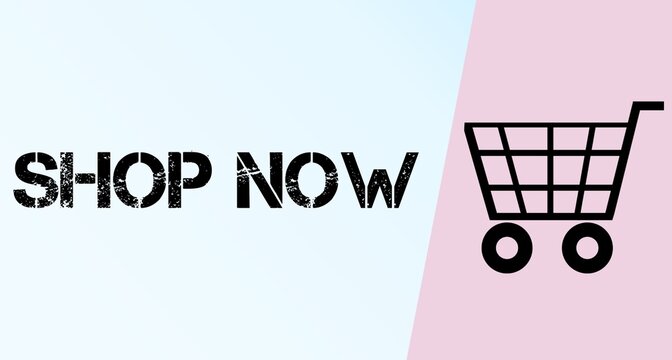 Shop Now Shopping Cart Concept with Pastel Blue and Pink Geometric Background