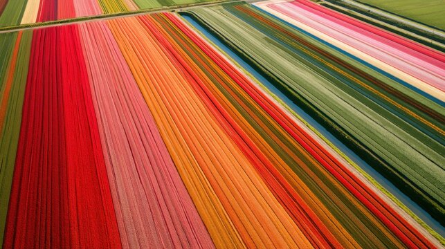 Aerial view of vibrant colorful flower fields arranged in geometric rows