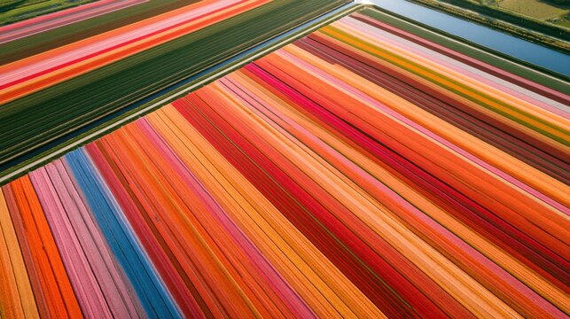 Aerial view of vibrant colorful flower fields arranged in geometric rows in spring.