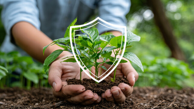 Shield Checkmark Icon Floating Over Open Hands In Grass Field
