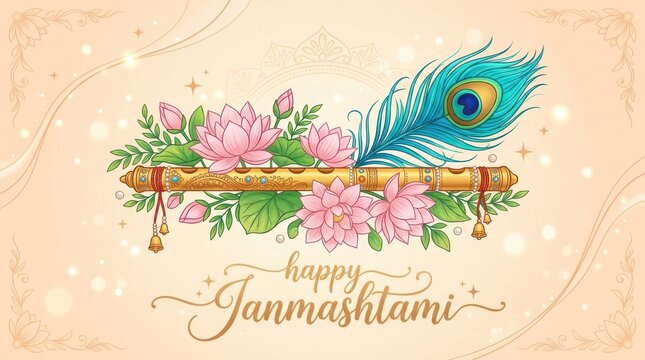 Decorative bansuri flute with pink lotus flowers and peacock feather on light background for happy janmashtami festival.