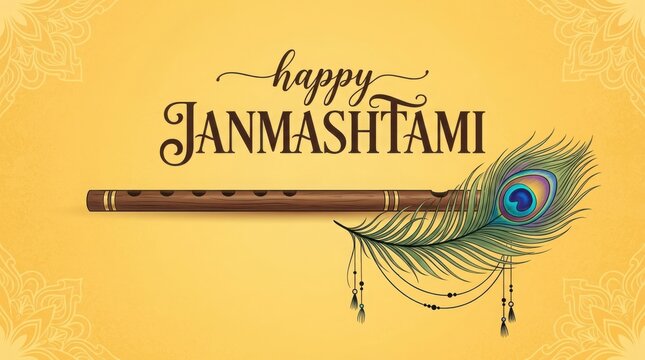Wooden bansuri flute and peacock feather with decorative strings on yellow background for happy janmashtami holiday card.