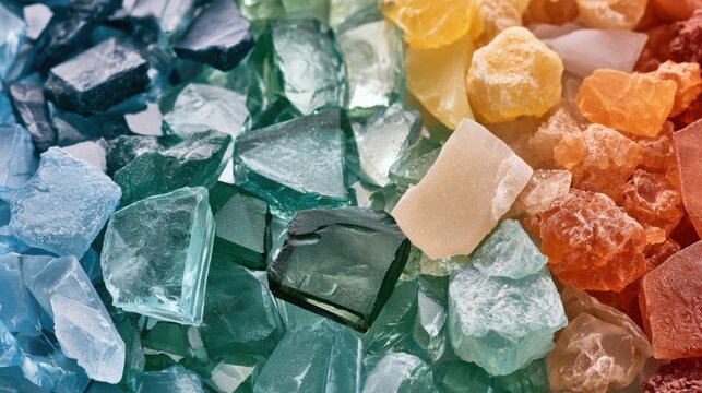 Colorful recycled glass shards arranged in a gradient for sustainable design background.