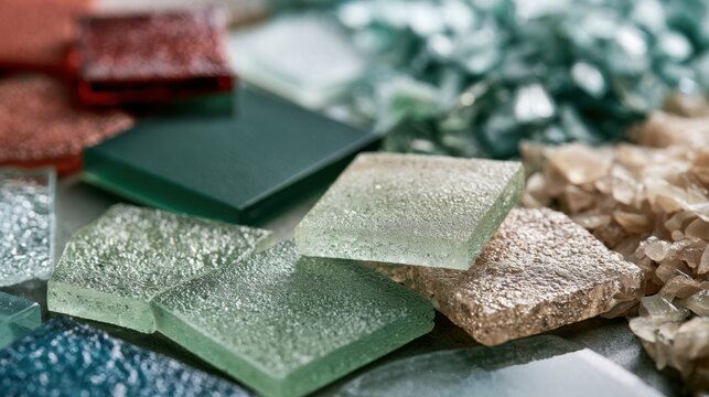 Colorful recycled glass tiles and crushed fragments for sustainable interior design projects.