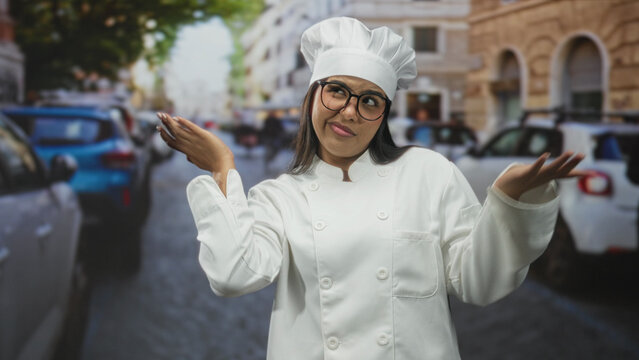 Chef in white jacket and toque wearing glasses shrugs with hand to head amid parked cars on a busy street; uncertain.