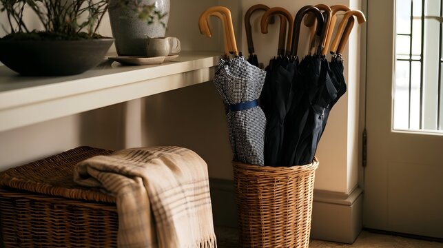 A wicker basket holds several closed umbrellas near a window  beside a shelf with a plant and a folded blanket