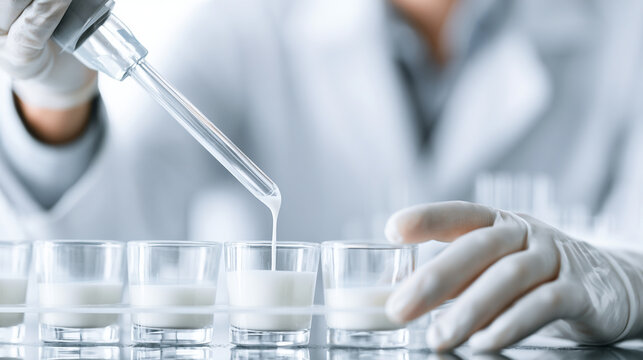 Scientist Draping Liquid Sample Into Row Of Small Glass Cups
