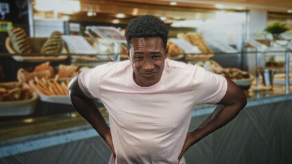 Fototapeta premium Man in pink tshirt clutching stomach with hands amid bakery pastries by bread display at building counter; pain nausea urgency.