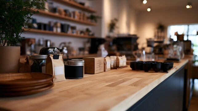 A wooden counter in a cozy caf  with neatly arranged coffee supplies  glass jars  and a potted plant under warm lighting