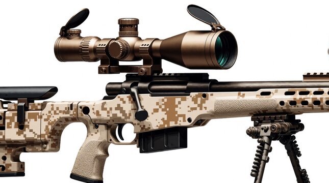 Sniper rifle with digital desert camouflage pattern on white background. Modern precision weapon features telescopic scope, bipod, tactical magazine. Pro long range firearm gear for marksman,