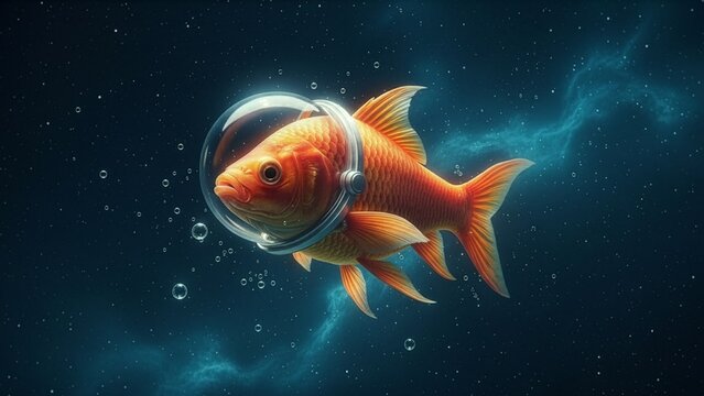 An orange goldfish wearing a glass bubble space helmet swimming through the cosmic void of deep space with glowing stars, water bubbles, and a light blue nebula background trail.
