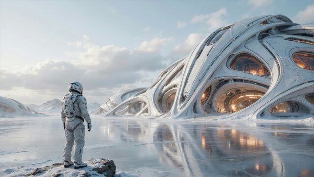 Astronaut standing near futuristic space habitat on icy planet