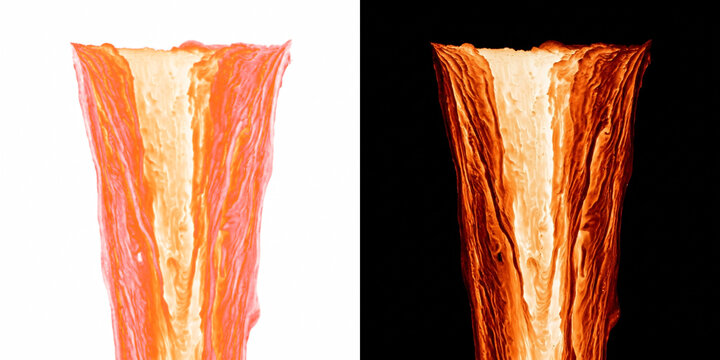 Molten slag pour sheet with radiant cascading liquid texture, incandescent glowing flame transparent design element