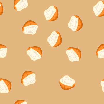 pattern jicama root cut in half, revealing its white interior with concentric rings, a crisp and refreshing vegetable often used in salads and snacks for its nutritional value