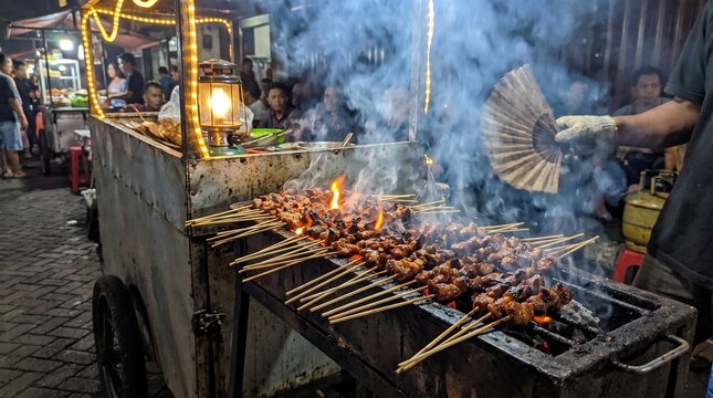 street food vendor grilling chicken satay at night