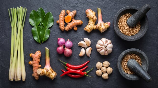 fresh herbs and spices for cooking on black stone background
