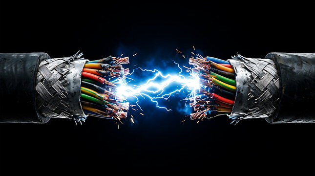 Electric arc between high-voltage power cables, bright blue sparks