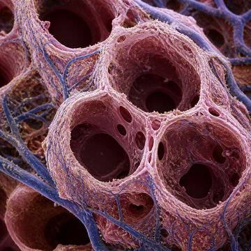 Microscope SEM View of Human Alveoli Sacs and Capillary Mesh Network