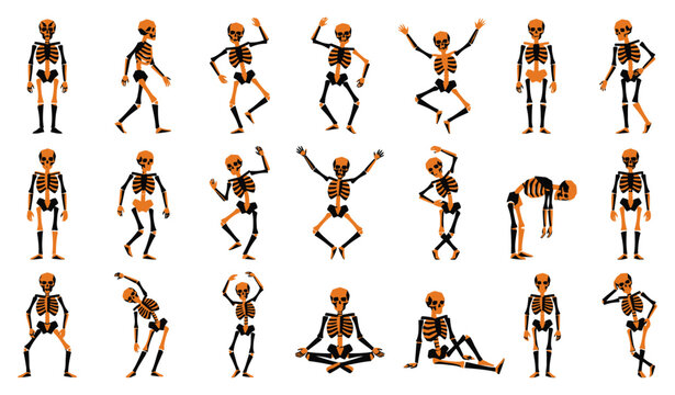 A collection of various poses for a halloween skeleton vector set featuring multiple spooky human bone characters isolated