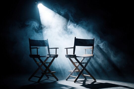 Two director chairs sit empty on a dark stage bathed in a single spotlight with swirling smoke. A dramatic scene awaits its performers or crew, suggesting anticipation and creative process.