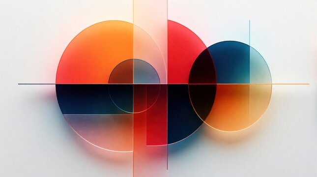 Three overlapping circles in vibrant red orange blue, transparent by intersecting lines form symmetrical design. Bold geometric forms, dynamic shapes create modern artistic expression on minimalist