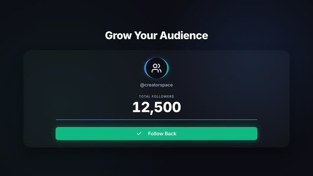 Animated social media follower count display, dynamic numbers increasing, @creatorspace logo and follow button, symbolizing growth, engagement, and online presence