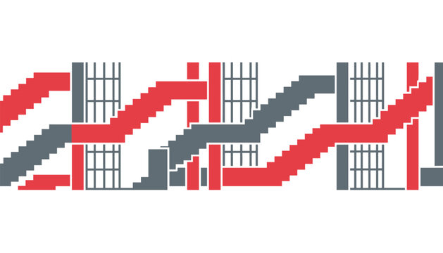 Modern abstract industrial geometric seamless pattern featuring connected red and grey stairs and pipe structures.