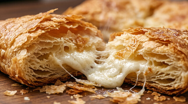 Freshly Baked Georgian Penovani Khachapuri Broken Open with Flaky Puff Pastry Layers and Melted Cheese Pull Close-Up