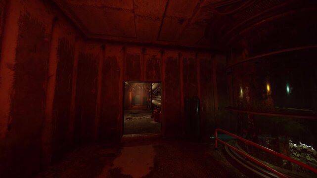 narrow red metal doorway leading into cluttered service room, heavy bolted panels and pipes visible beyond, gritty atmosphere with warm rust tones, scene suited