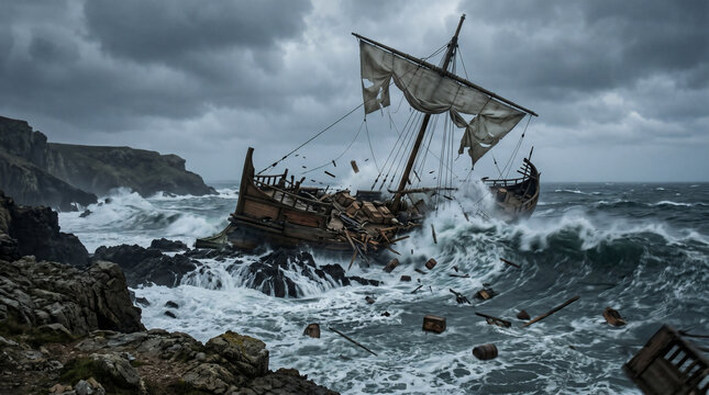 The Apostle Paul shipwrecked. The massive Alexandrian grain ship breaking violently apart on the reef of Malta in a furious storm