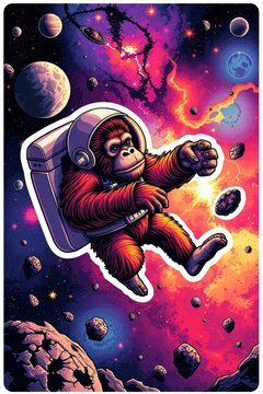 Monkey astronaut floating in deep space among planets and colorful nebula