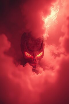 Creepy evil skull with glowing red eyes emerging from thick red smoke