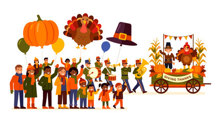 Fototapeta premium Thanksgiving parade illustration with marching band, balloons, and spectators