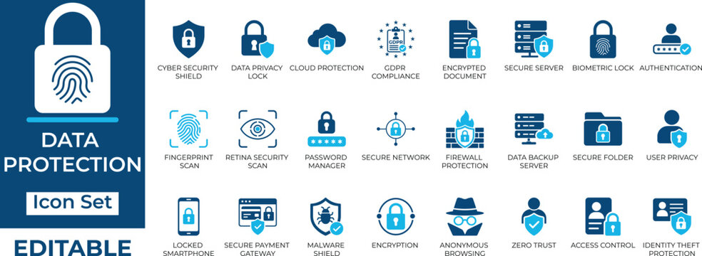 Cyber security and data protection vector icon set. Featuring GDPR, encryption, firewall, and privacy flat icons.