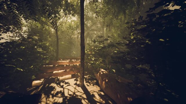 sunlit boardwalk through dense forest, soft rays filtering through canopy, warm shadows on damp planks, lush undergrowth, mossy edges, ideal setting for mindful