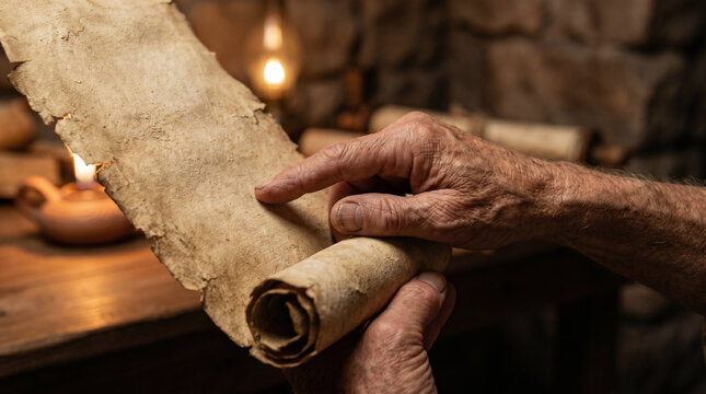 Daniel fervently reading the ancient, dusty scrolls of the prophet Jeremiah to understand the seventy years of captivity