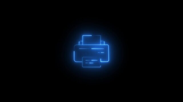 Animated printer machine in line icon style, suitable for office printing, documents, Glowing blueneon printer icon on black background. Digital technology concept abstract graphic element. 4k video